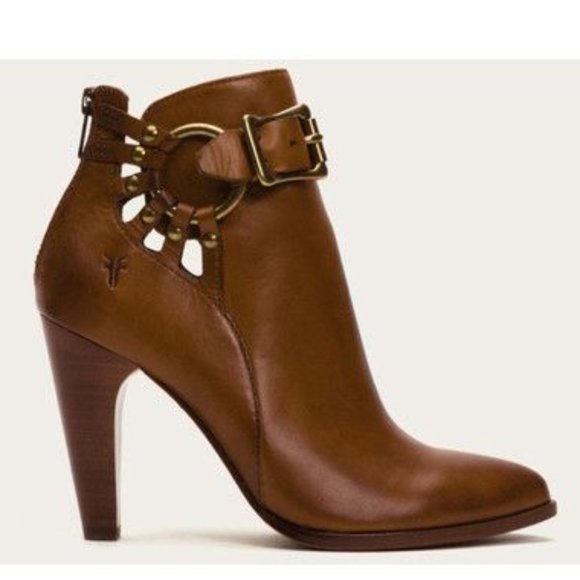 Frye Shoes - Frye Roxanne Ring Short Cognac Leather Moto Harness Belt Buckle Heeled Bootie
